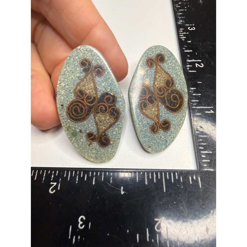 Vintage Blue Speckled Clip On Earrings Gold Tone Scroll Wirework Statement Oval
